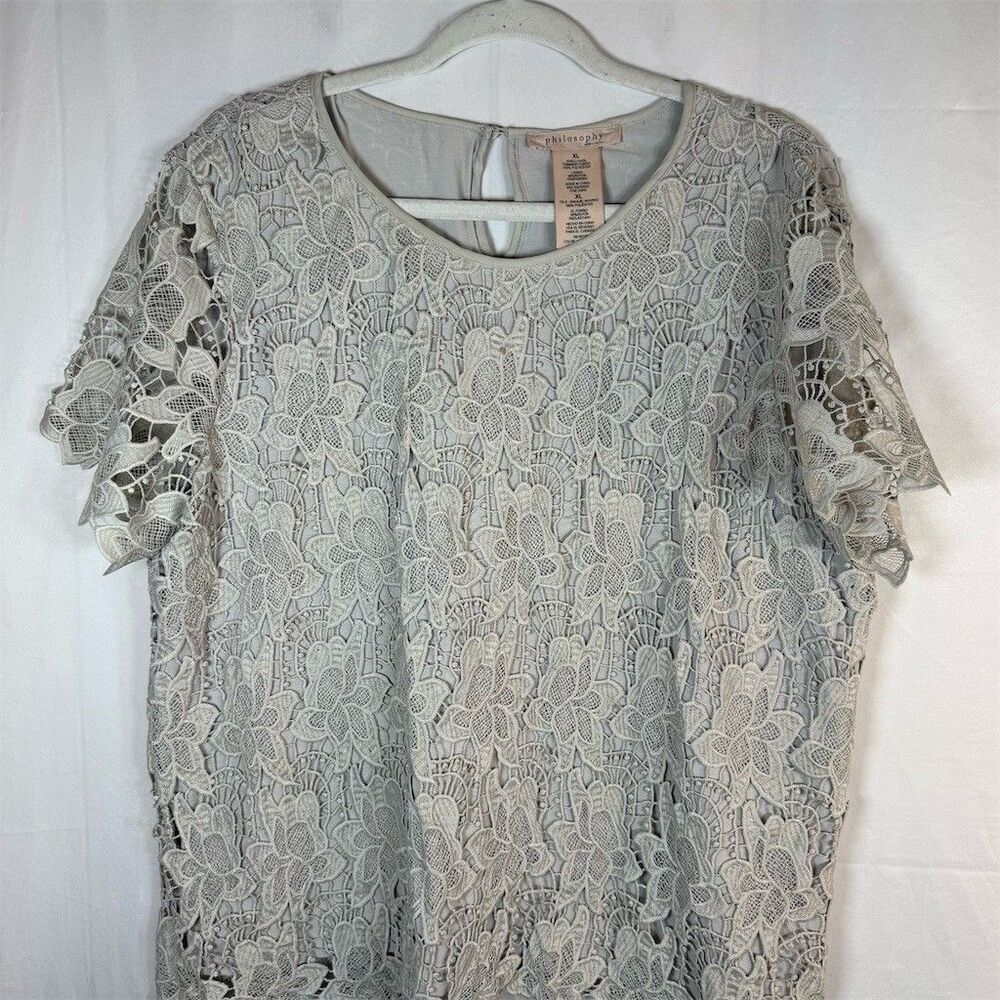 Philosophy Blouse Womens XL Gray Floral Lace Overlay Lined Short Sleeve